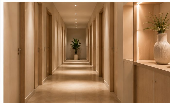 Corredor da clínica Aurorae com iluminação embutida