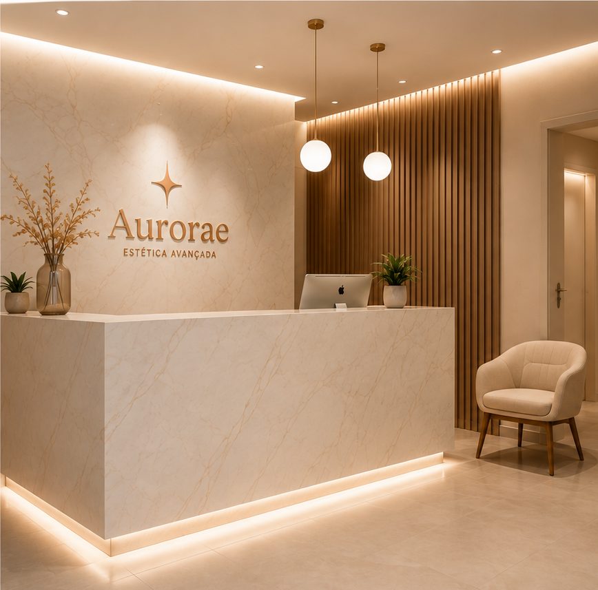 Recepção da clínica Aurorae, balcão de mármore com o logotipo iluminado