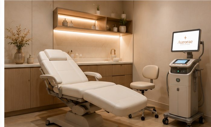 Sala de atendimento da Aurorae, maca e equipamento de estética