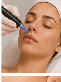 Caneta de microagulhamento sendo aplicada próxima ao nariz