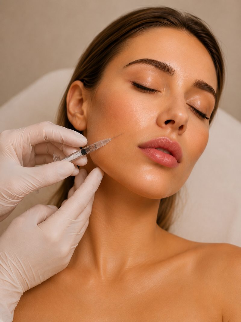Profissional de luvas aplicando preenchimento facial com seringa no contorno do rosto